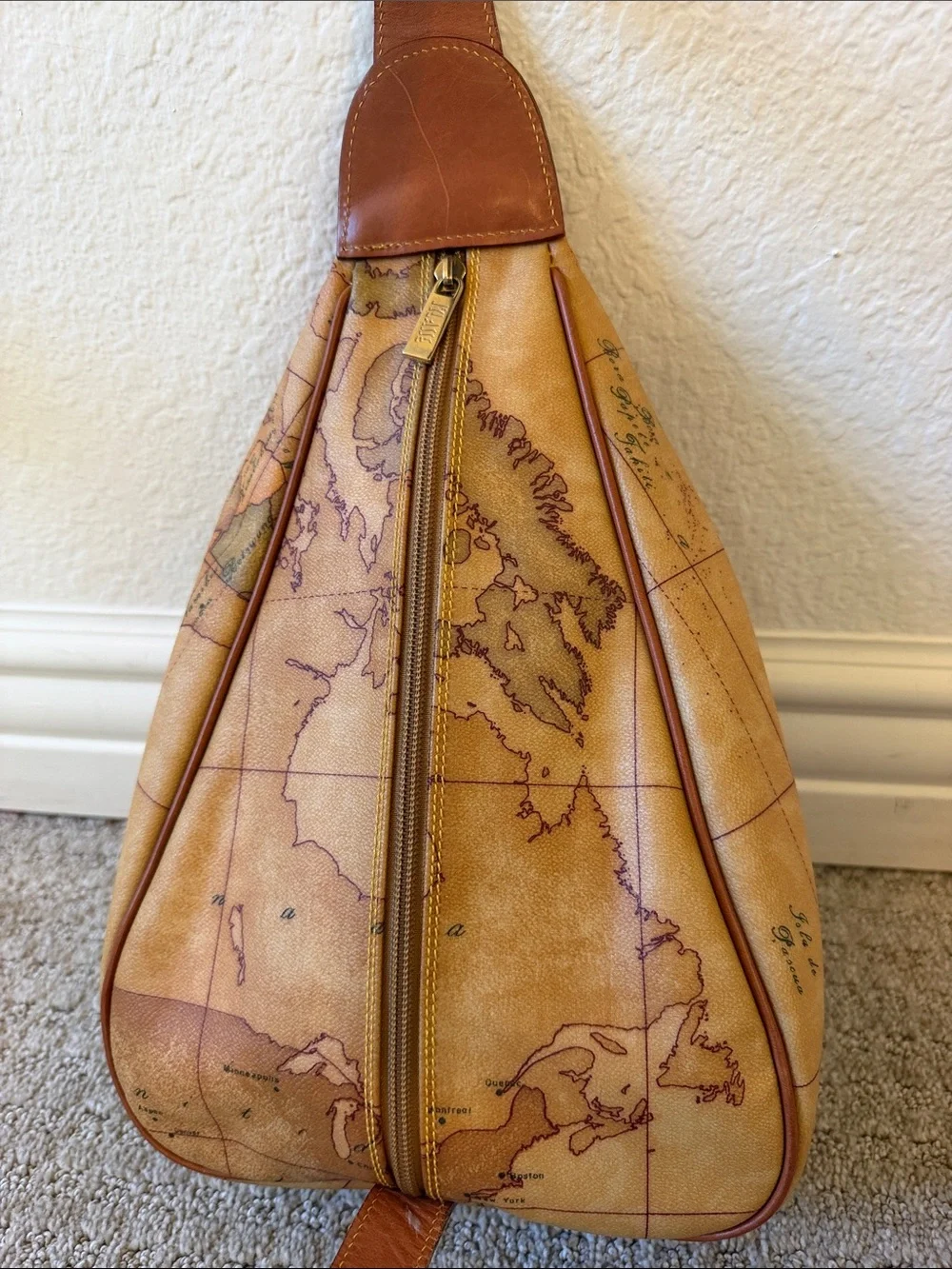 Vintage Alviero Martini 1A Classe Tan Map-Print Leather Sling Shoulder Bag